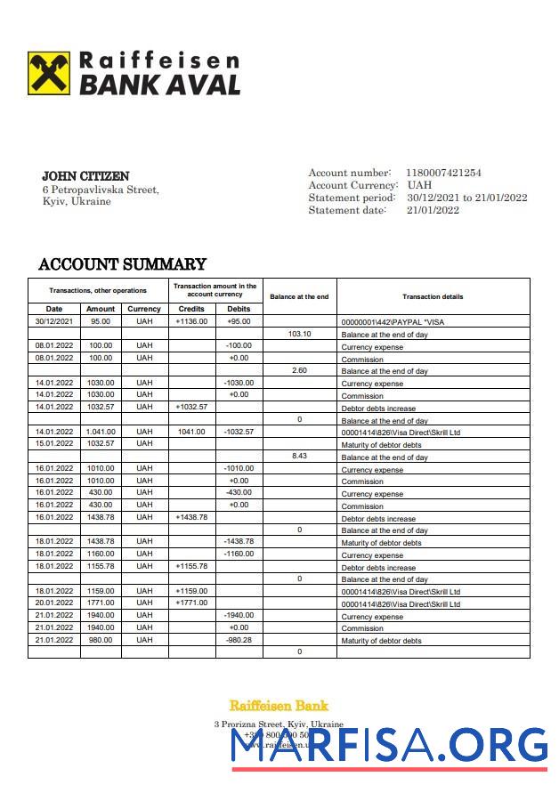 Realistic Ukraine Raiffeisen bank statement word template